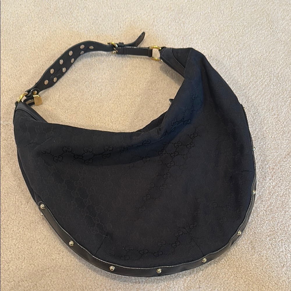 Gucci black fabric studded hobo bag